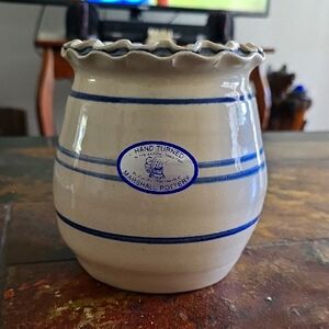 Marshall Pottery Hand Turned Vase with Blue Ruffled Top & Blue Stripes